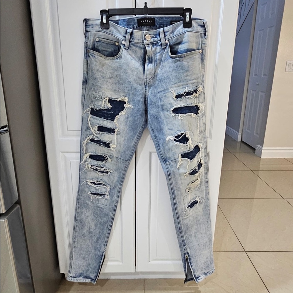 Mens PacSun Los Angles distressed stacked Skinny Jeans Zipper Bottom 31 x 30